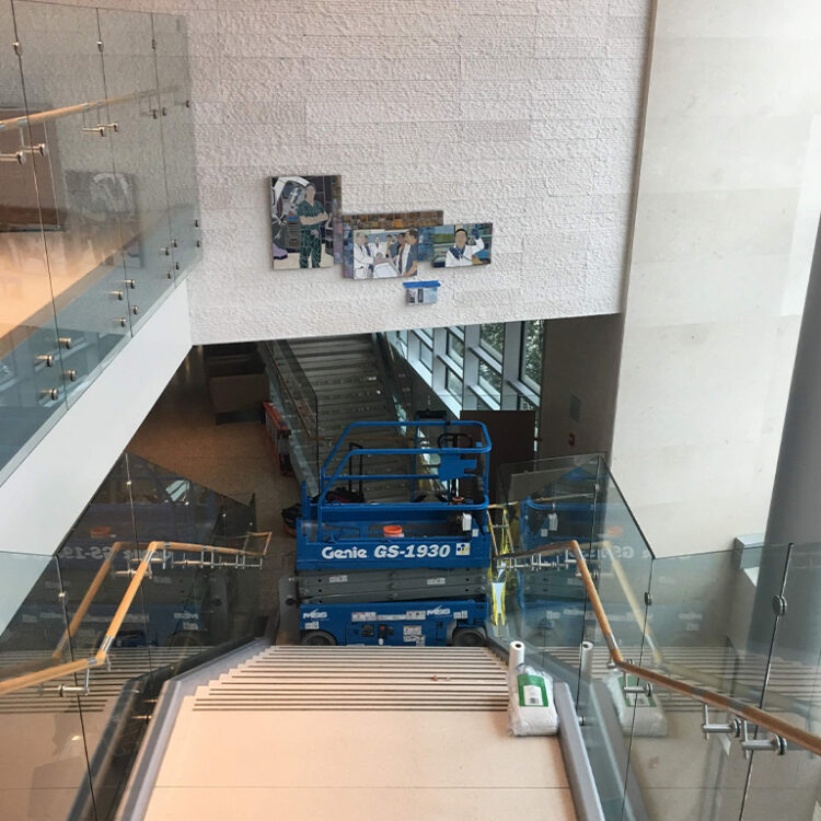 Initial wall-mounted panels of Jonathan Mandell being installed at Lankenau Hospital Medical Center