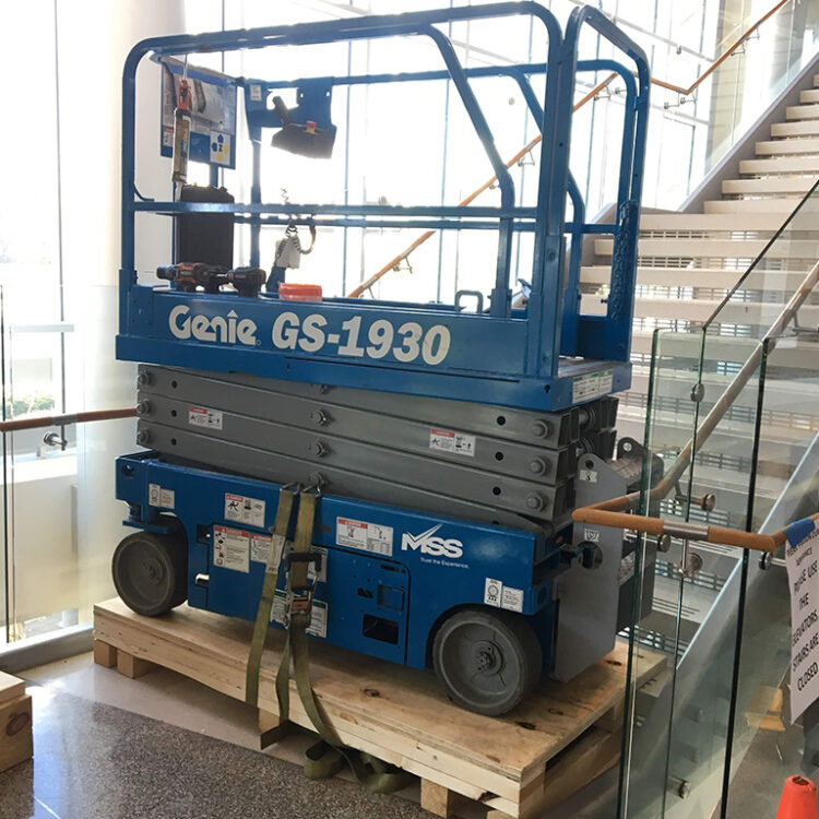 Genie GS-1930 scissor lift used for art installation in the second floor landing