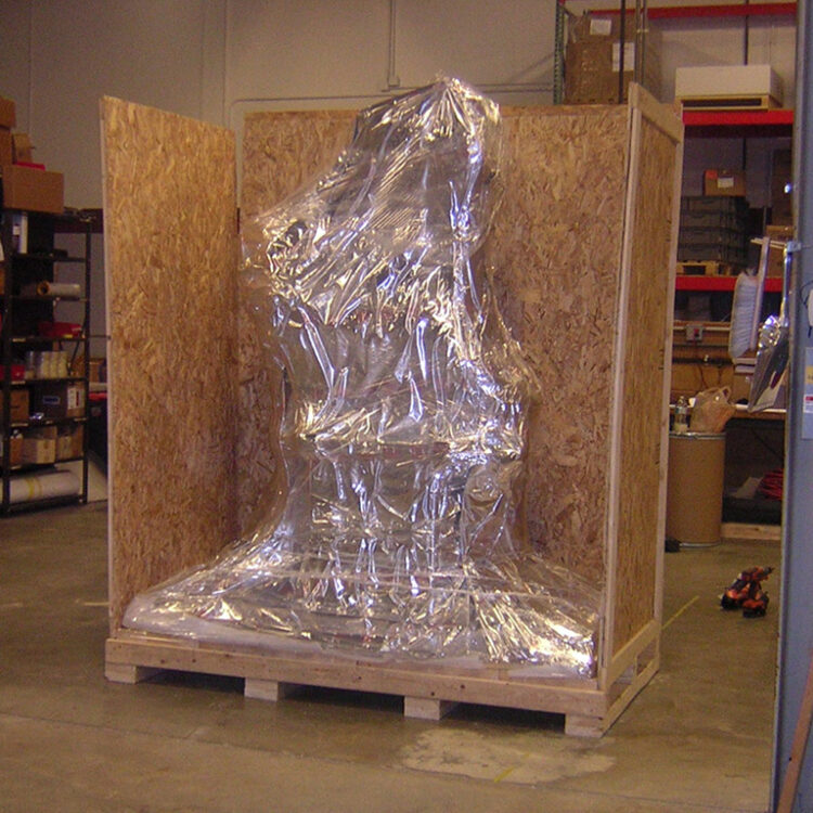 Stabilized humidity-controlled mylar bags and moisture absorbing desiccant used for the machinery crating